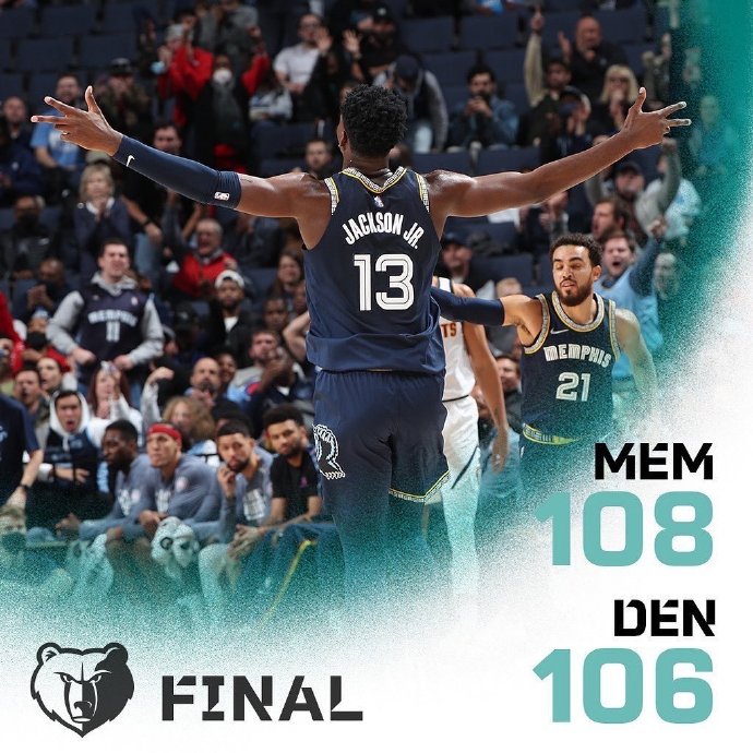 灰熊108-106双杀掘金 杰克逊22+8 约基奇34+11+5 巴顿26+7