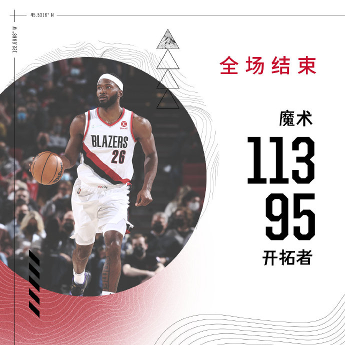 魔术113-95战胜开拓者 安东尼23+7+9 小卡特18+8 西蒙斯19分