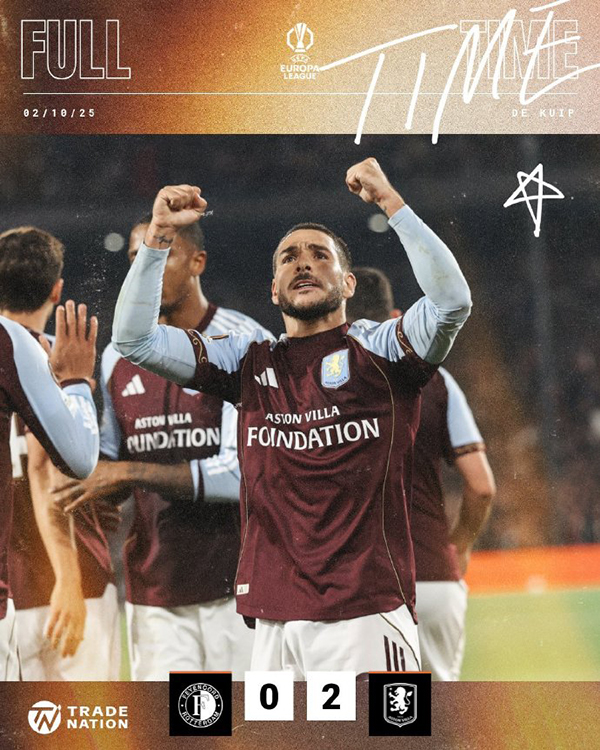 欧联杯第2轮战报：费耶诺德0-2阿斯顿维拉，布恩迪亚世界波麦金补射，维拉客场零封夺连胜