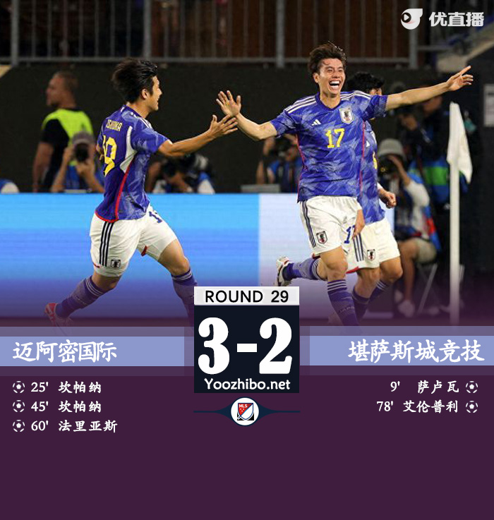 迈阿密国际3-2堪萨斯城 伊东纯也传射久保健英两助攻