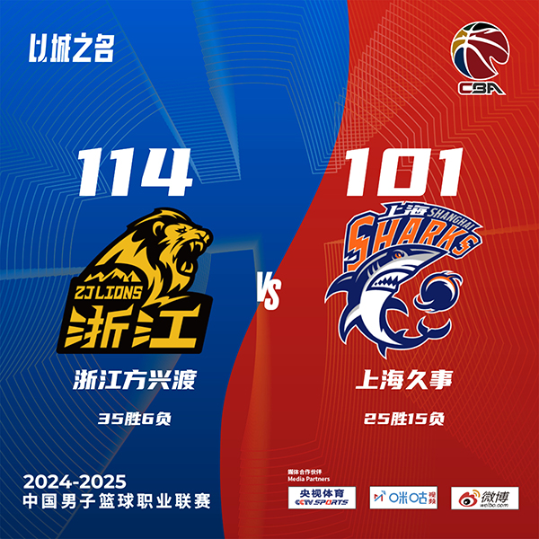 广厦114-101力克上海 布朗49+6 胡金秋21+13 洛夫顿33+23+9
