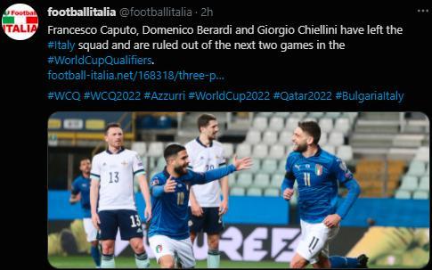 意媒：基耶利尼，贝拉尔迪和卡普托因伤退出国家队