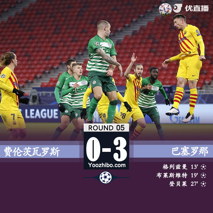 欧冠简报：巴萨3-0费伦茨瓦罗斯 登贝莱传射格列兹曼破门